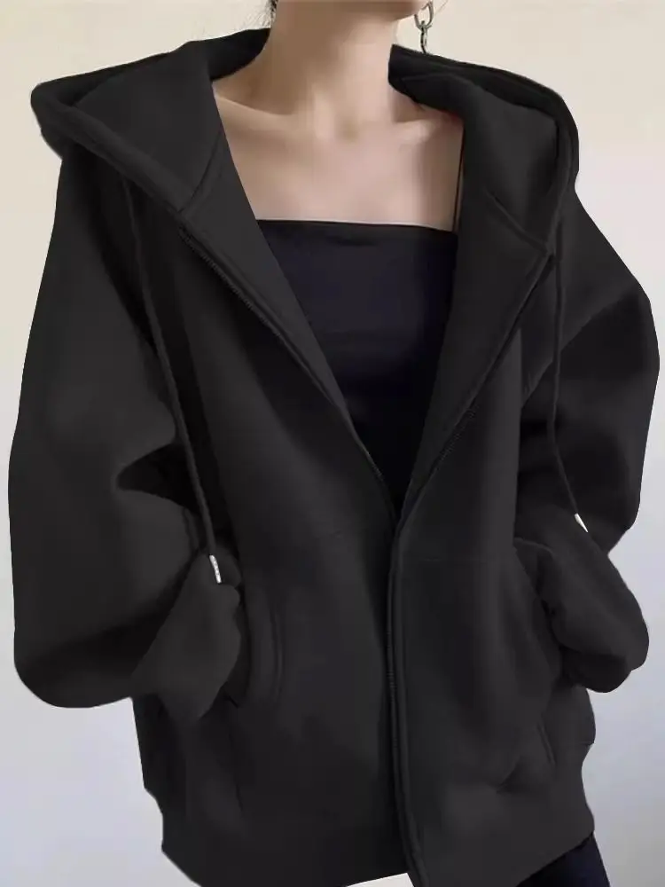 American Retro Oversized Hooded Sweatshirt Women Zip Up Solid Pockets Sports Hoodies Jacket Women Loose Lazy Style Hooded Coa