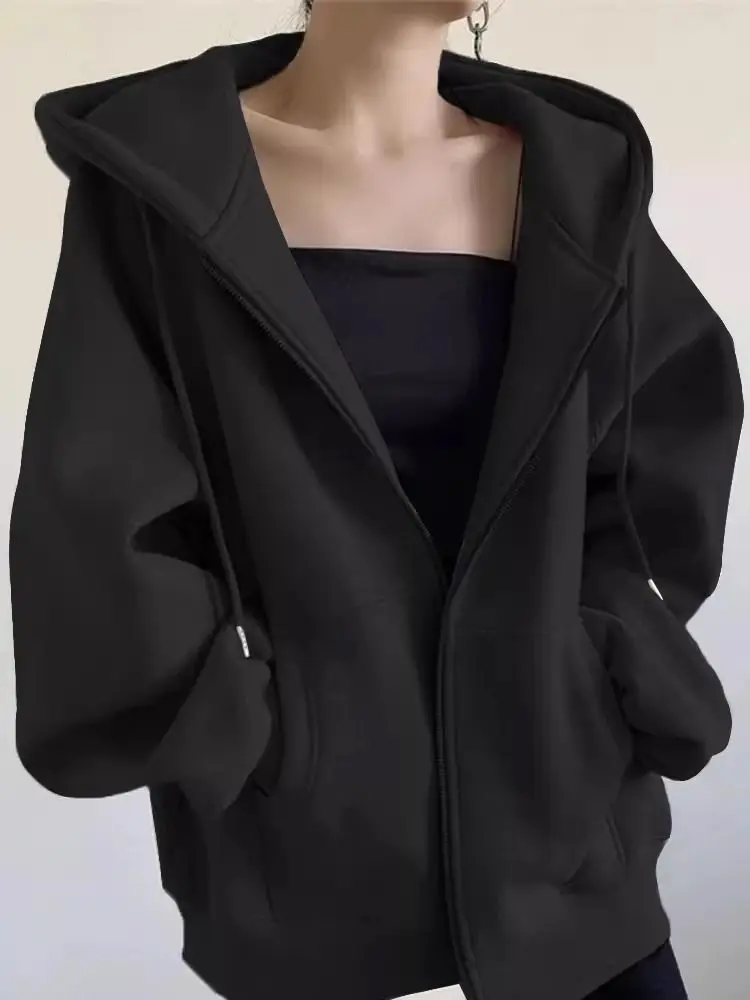 American Retro Oversized Hooded Sweatshirt Women Zip Up Solid Pockets Sports Hoodies Jacket Women Loose Lazy Style Hooded Coa