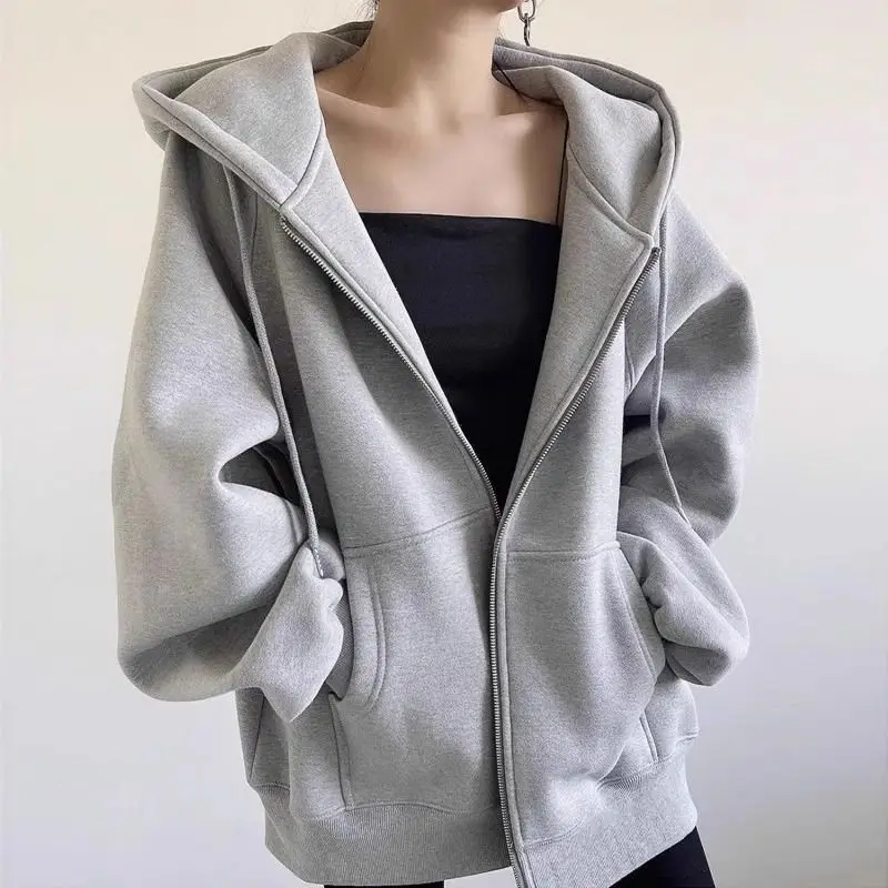 American Retro Oversized Hooded Sweatshirt Women Zip Up Solid Pockets Sports Hoodies Jacket Women Loose Lazy Style Hooded Coa