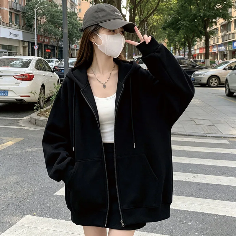 American Retro Oversized Hooded Sweatshirt Women Zip Up Solid Pockets Sports Hoodies Jacket Women Loose Lazy Style Hooded Coa