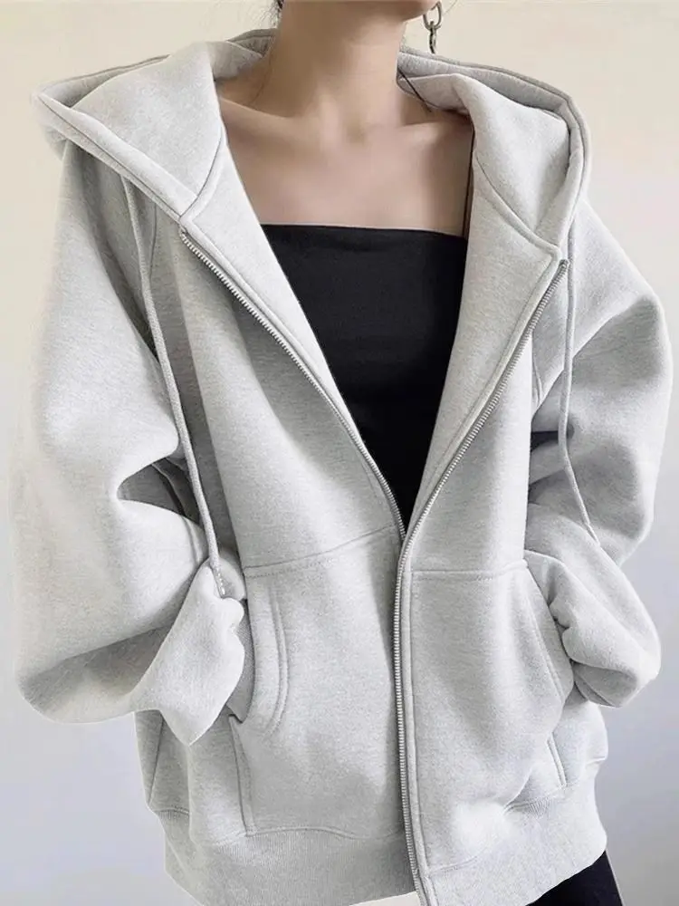American Retro Oversized Hooded Sweatshirt Women Zip Up Solid Pockets Sports Hoodies Jacket Women Loose Lazy Style Hooded Coa