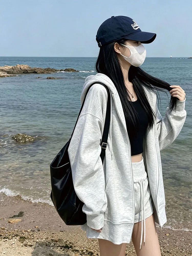 American Retro Oversized Hooded Sweatshirt Women Zip Up Solid Pockets Sports Hoodies Jacket Women Loose Lazy Style Hooded Coa
