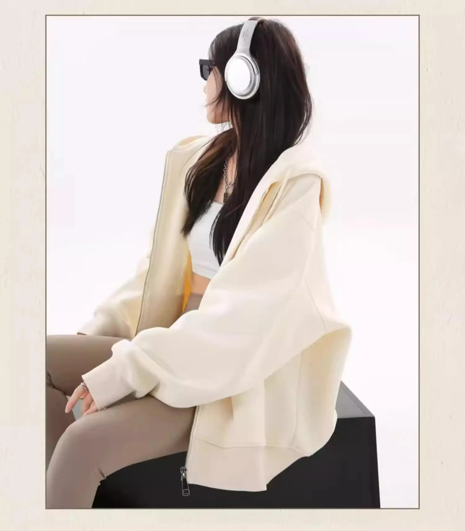 American Retro Oversized Hooded Sweatshirt Women Zip Up Solid Pockets Sports Hoodies Jacket Women Loose Lazy Style Hooded Coa