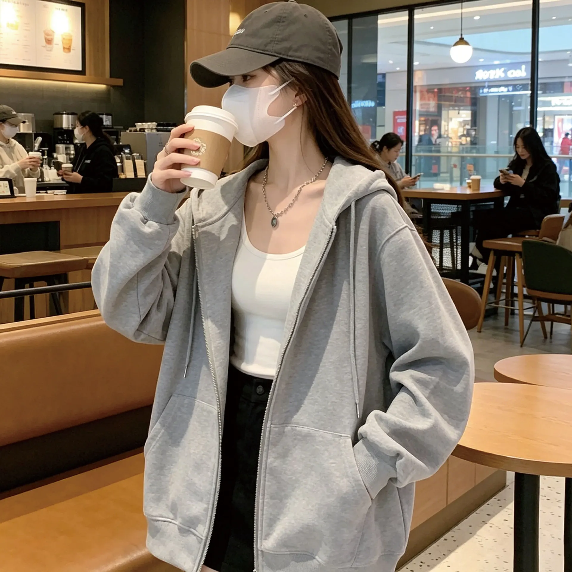 American Retro Oversized Hooded Sweatshirt Women Zip Up Solid Pockets Sports Hoodies Jacket Women Loose Lazy Style Hooded Coa