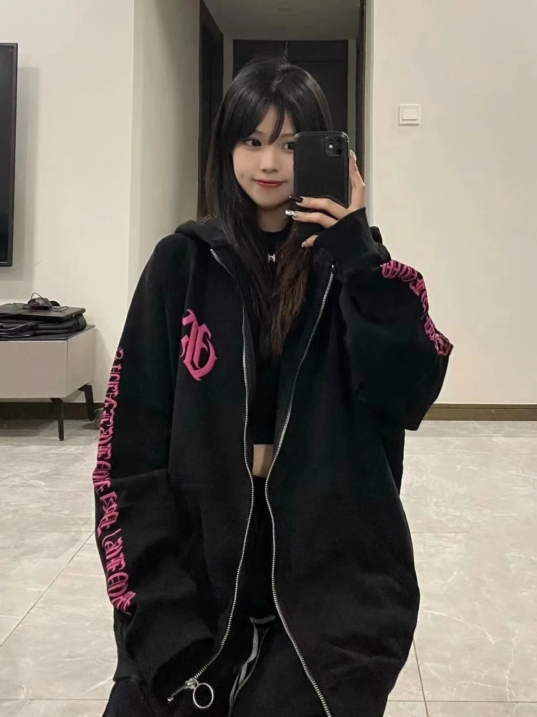 Gothic Letter Printed Zip Hoodie Oversized Sweatshirt Women Autumn Warm Thick Casual Hoodies Female Black Gray Tops Streetwear