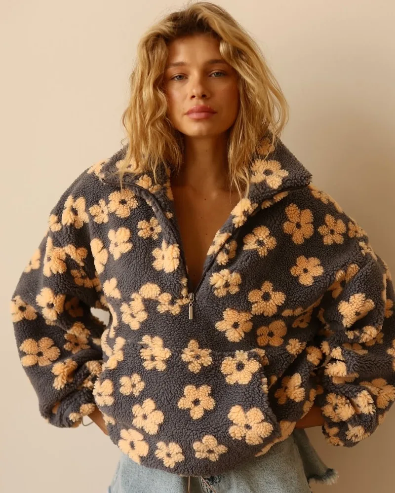 Yaminiya Women's 2025 New Fashion Polar Fleece Flower Blossoms Sweater Cotton Sweater Loose Warm Fur Stand Up Collar Zipper Top