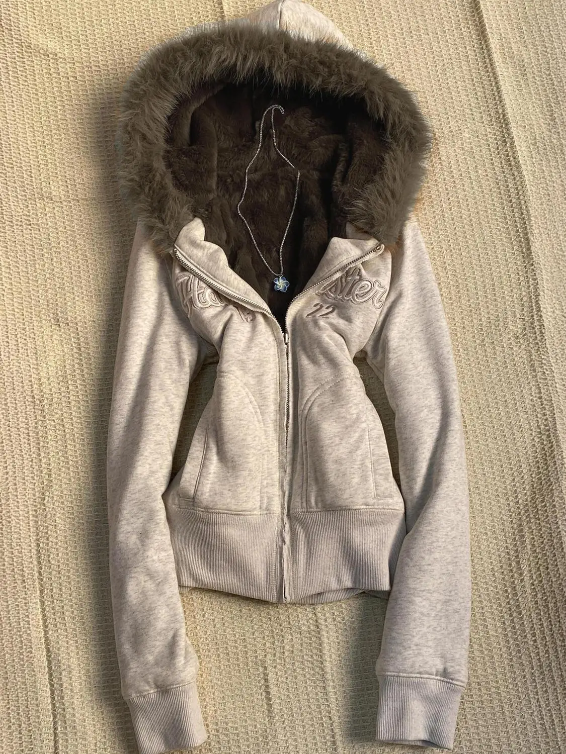 Aoaiiys Y2k Hoodies Women's Aesthetic Vintage Burr Edge Hooded Outerwear Autumn Winter New Letter Embroidery Zipper Sweatshirt