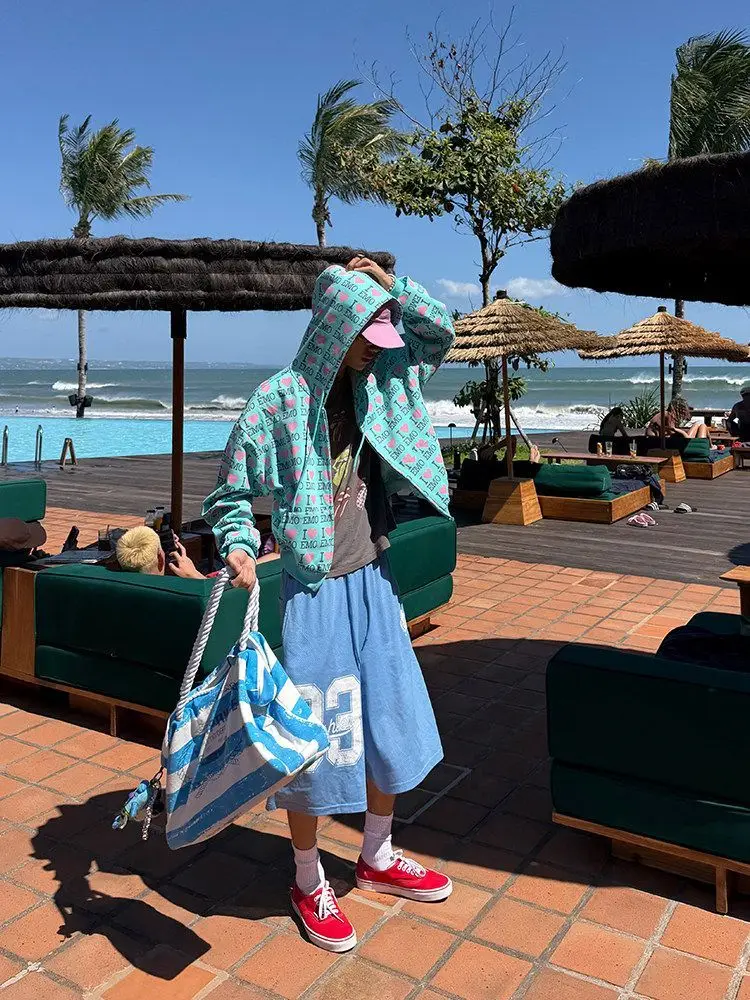 Women Couple Y2K Emo Zip Up Hoodie Mint Green Full‑Print Pink Heart Letter Oversized Hooded Jacket Streetwear Loose Outerwear