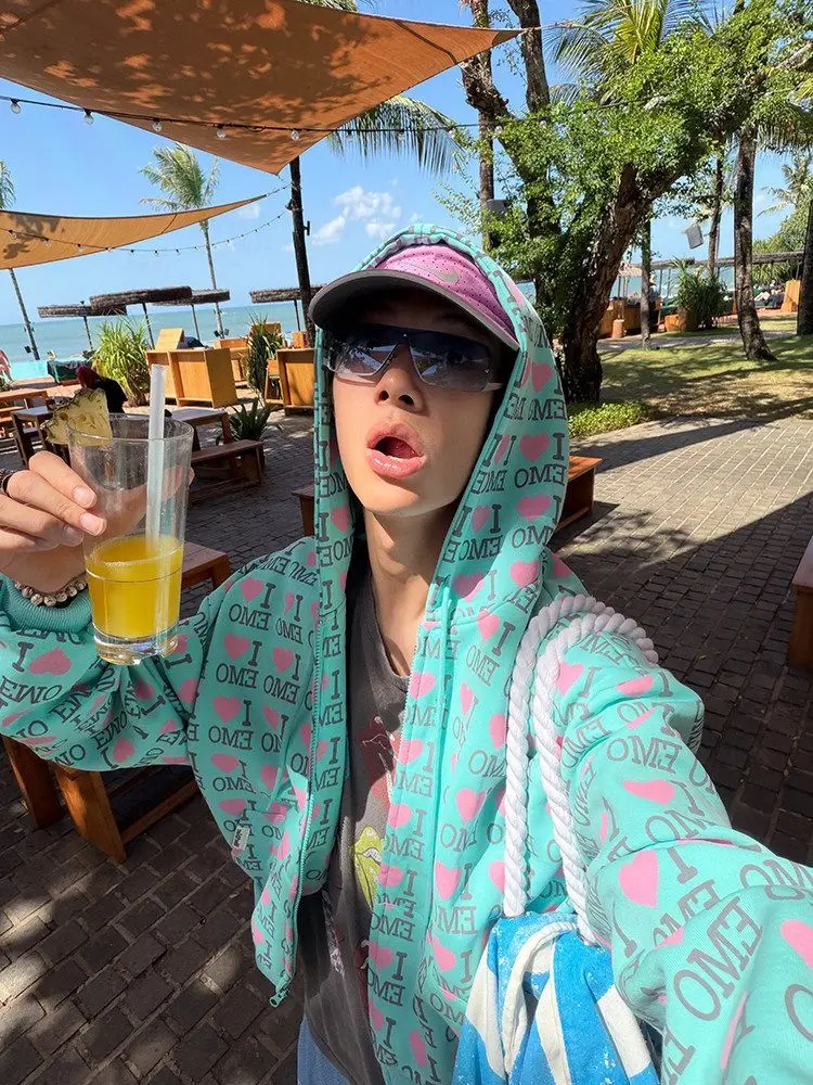 Women Couple Y2K Emo Zip Up Hoodie Mint Green Full‑Print Pink Heart Letter Oversized Hooded Jacket Streetwear Loose Outerwear
