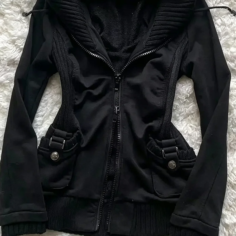 Y2K Gothic Female Zipper Hooded Jacket Waist Slim Long Sleeve hooded Sports Street Wind Jacket Punk High Street