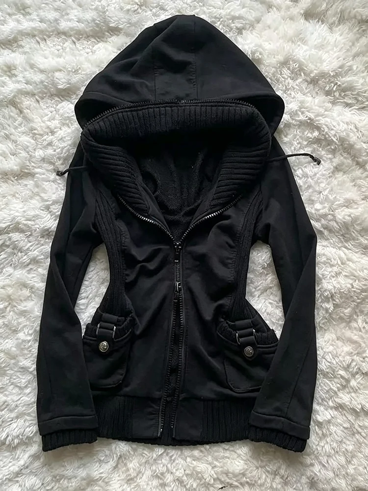 Y2K Gothic Female Zipper Hooded Jacket Waist Slim Long Sleeve hooded Sports Street Wind Jacket Punk High Street