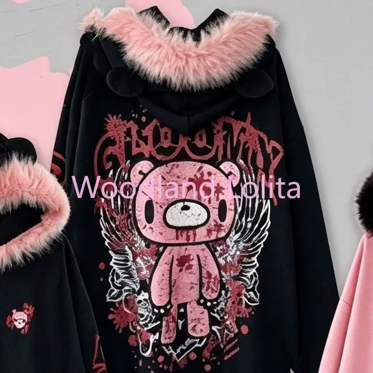 Autumn Winter Japanese Dark Gothic Hooded Coat Women Fur Collar Cartoon Bear Loose Hoodie Sweatshirts Y2K Coat Jacket Jirai Kei