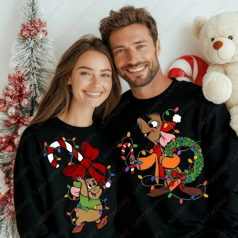 Kawaii Christmas Couple Shirt Jaq and Gus Gus Crewneck Pullovers Fashion Harajuku Xmas Sweatshirt Fun Xmas Party Matching Hoodie