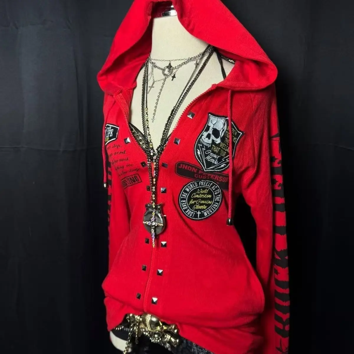 2000s Y2k American Vintage Punk Rock Dark Harajuku Spice Girls Long Sleeved Hoodie Skeleton Letter Cardigan Spring Autumn Coat