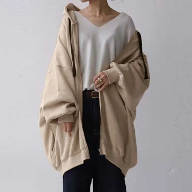 Hoodies women 2026 casual new autumn winter Europe sexy solid color loose hoodie zipper coat women's clothing