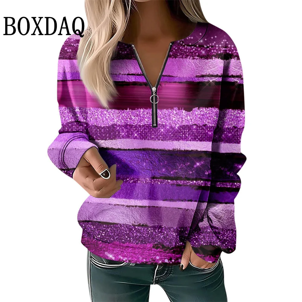 Striped Zipper V-Neck High Street Woman Long Sleeved Sweatshirt Autumn Color Blocked Printed Women's Tops Loose Casual Clothes