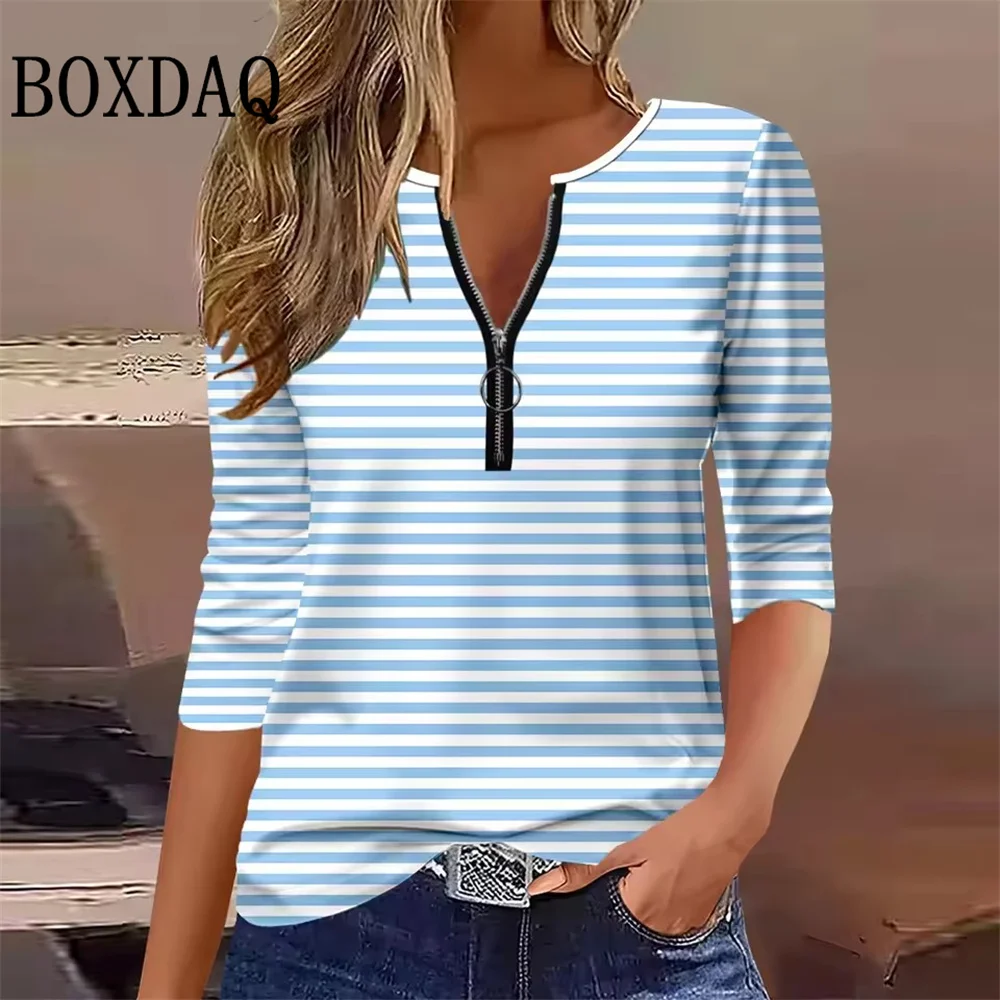Striped Zipper V-Neck High Street Woman Long Sleeved Sweatshirt Autumn Color Blocked Printed Women's Tops Loose Casual Clothes