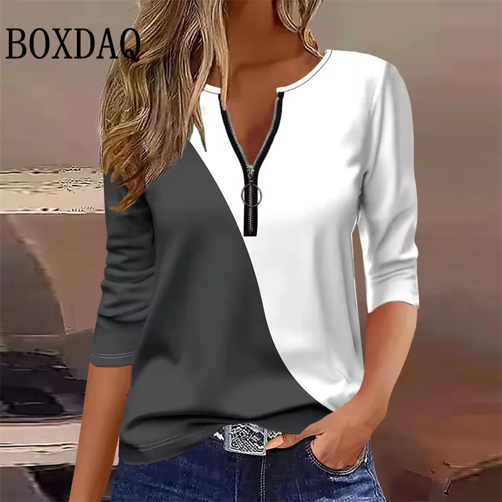 Striped Zipper V-Neck High Street Woman Long Sleeved Sweatshirt Autumn Color Blocked Printed Women's Tops Loose Casual Clothes