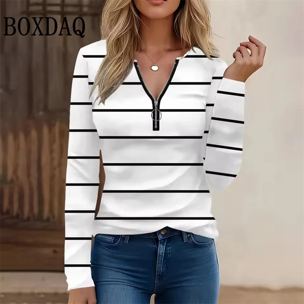 Striped Zipper V-Neck High Street Woman Long Sleeved Sweatshirt Autumn Color Blocked Printed Women's Tops Loose Casual Clothes