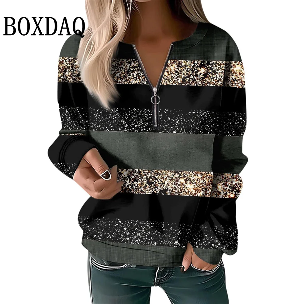 Striped Zipper V-Neck High Street Woman Long Sleeved Sweatshirt Autumn Color Blocked Printed Women's Tops Loose Casual Clothes