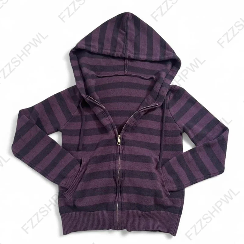 Harajuku Vintage Y2K Women's Hoodie Sexy Slim Fit Chic Casual Striped Cardigan Sweatshirt Grunge Punk Hip Hop Female Streetwear