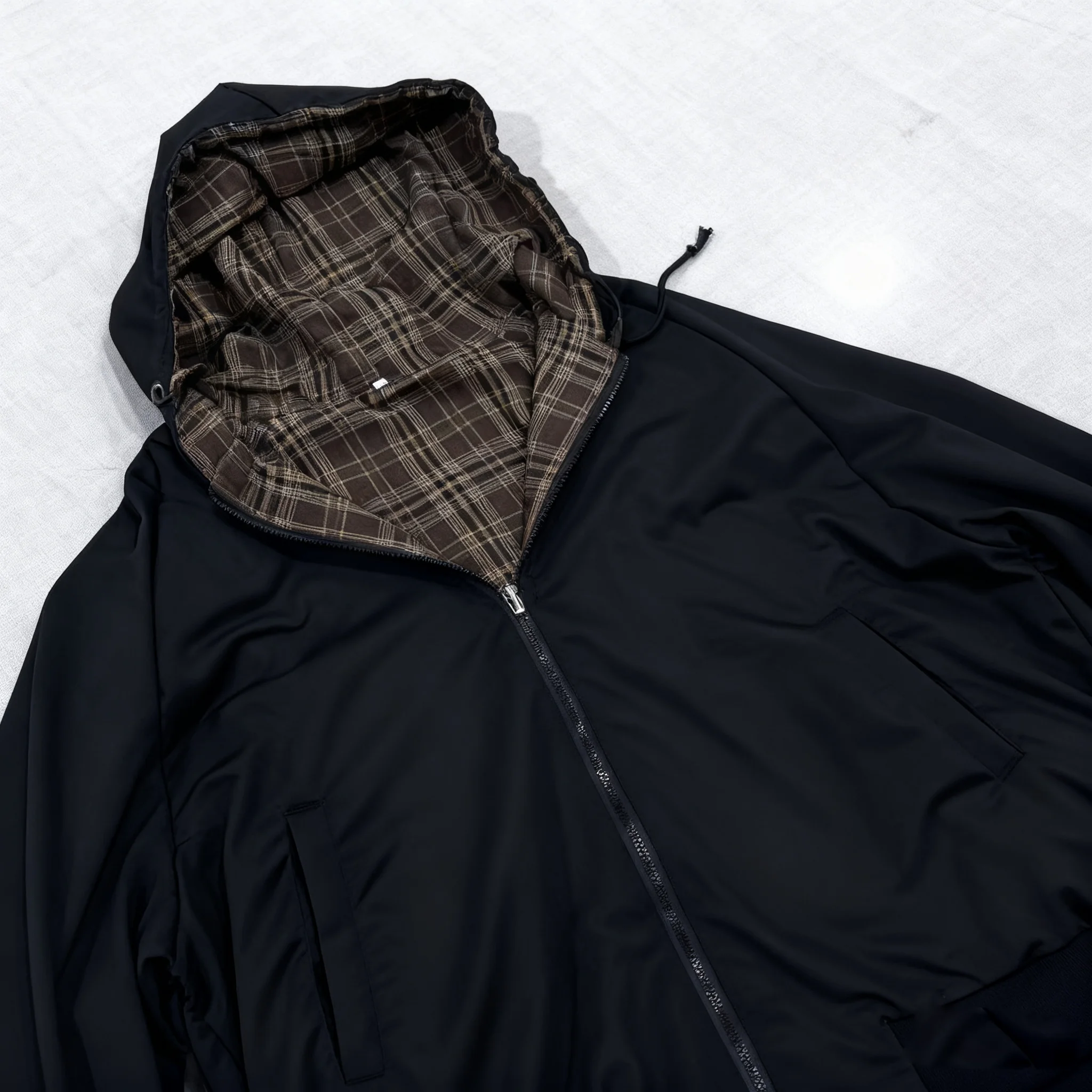 Women Black Unisex Hooded Zip Up Reversible Jacket with Brown Plaid Lining, Versatile Casual Outdoor Sportswear Comfortable Warm