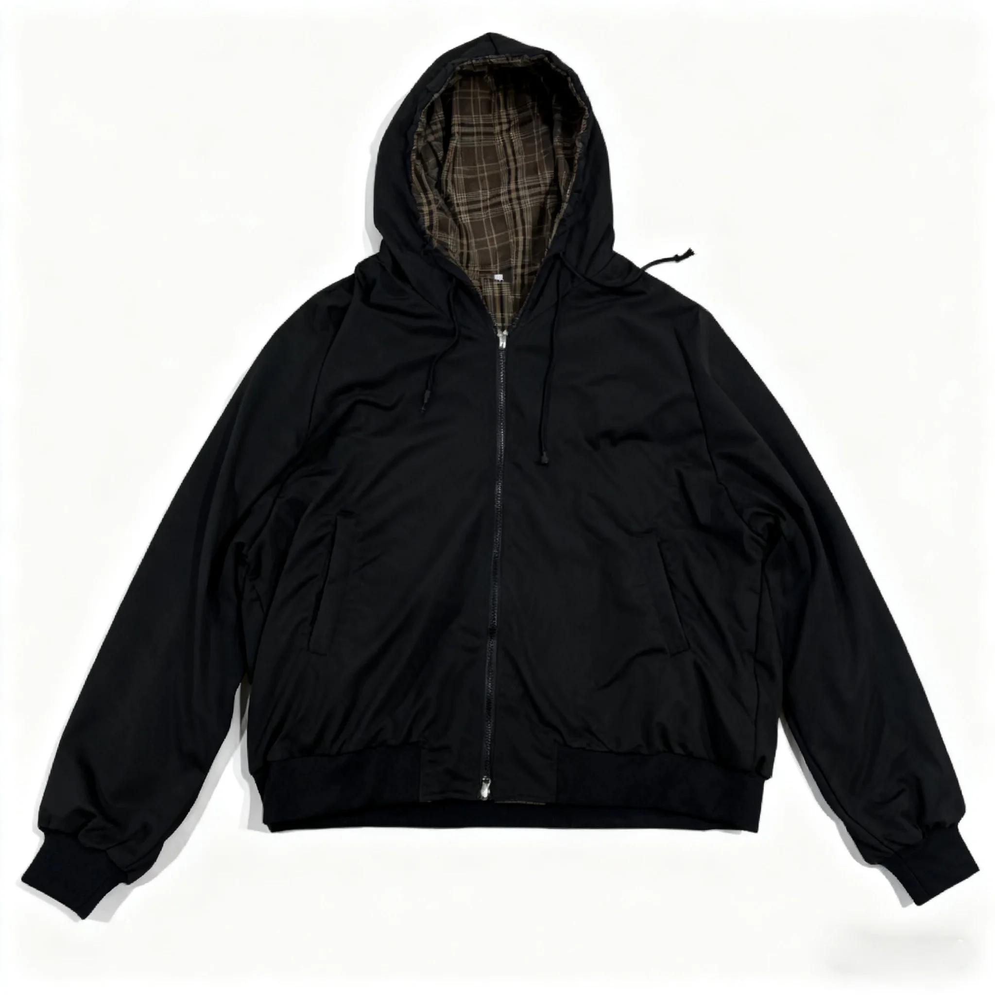 Women Black Unisex Hooded Zip Up Reversible Jacket with Brown Plaid Lining, Versatile Casual Outdoor Sportswear Comfortable Warm