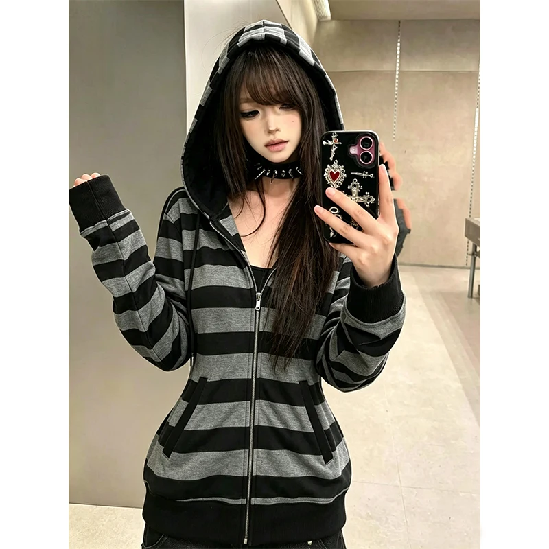 Y2K Gothic Style Black and Gray Striped Hooded Zip-Up Jacket Women's Slim Fit Long Sleeve Hoodie Aesthetic Street Casual Jacket
