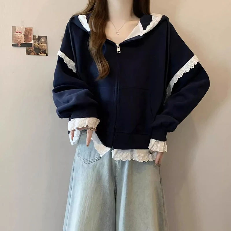 Sweet Lace Patchwork Hoodies Women Autumn Loose Casual Zipper Sweatshirts Long Sleeve Solid Simple Preppy Korean Female Coats