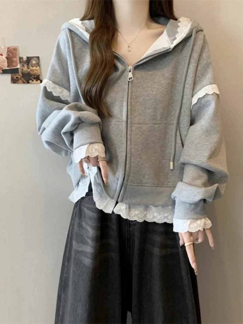 Sweet Lace Patchwork Hoodies Women Autumn Loose Casual Zipper Sweatshirts Long Sleeve Solid Simple Preppy Korean Female Coats