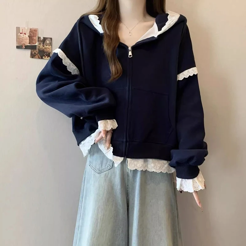 Sweet Lace Patchwork Hoodies Women Autumn Loose Casual Zipper Sweatshirts Long Sleeve Solid Simple Preppy Korean Female Coats