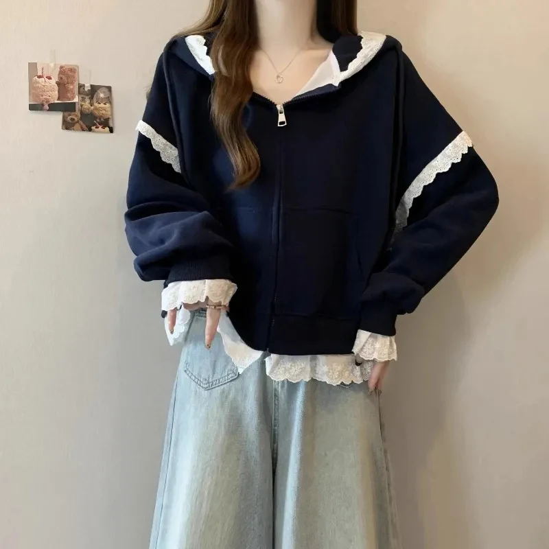 Sweet Lace Patchwork Hoodies Women Autumn Loose Casual Zipper Sweatshirts Long Sleeve Solid Simple Preppy Korean Female Coats