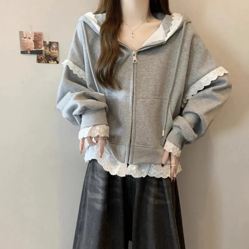Sweet Lace Patchwork Hoodies Women Autumn Loose Casual Zipper Sweatshirts Long Sleeve Solid Simple Preppy Korean Female Coats