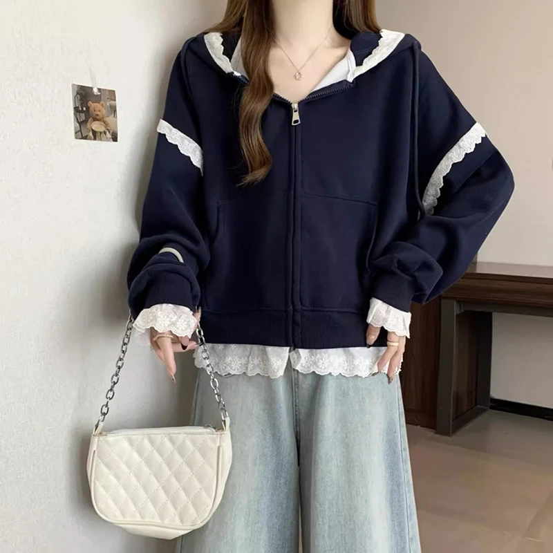 Sweet Lace Patchwork Hoodies Women Autumn Loose Casual Zipper Sweatshirts Long Sleeve Solid Simple Preppy Korean Female Coats