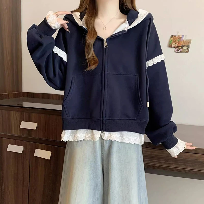 Sweet Lace Patchwork Hoodies Women Autumn Loose Casual Zipper Sweatshirts Long Sleeve Solid Simple Preppy Korean Female Coats