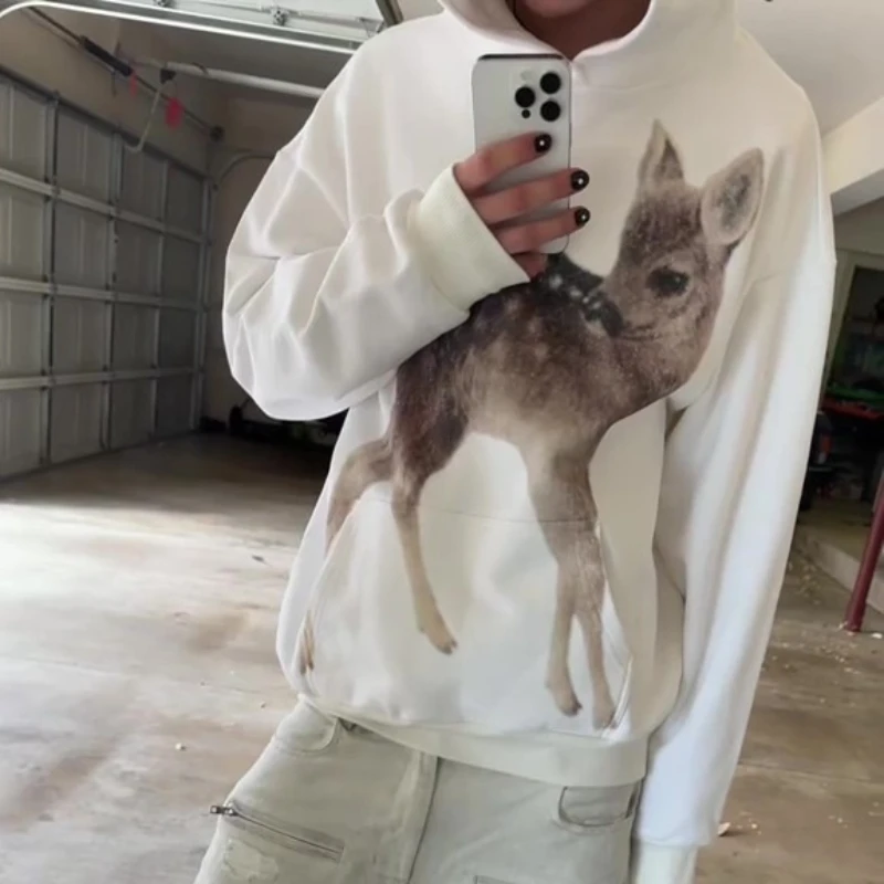 Y2K Vintage Deer Pure White Hoodies Women Fabric Sweatshirt Men Women Fashion Simple Streetwear Unisex Oversized Hoodie Clothing
