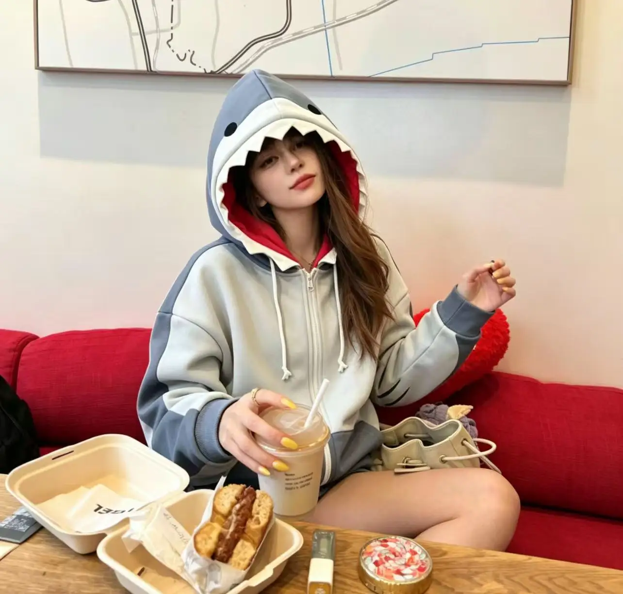 New Hip Hop Kawaii 3D Shark Zipper with Fin Hood Detachable Tail Bow Hoodie Cartoon Harajuku Women's Casual Hooded Jacket