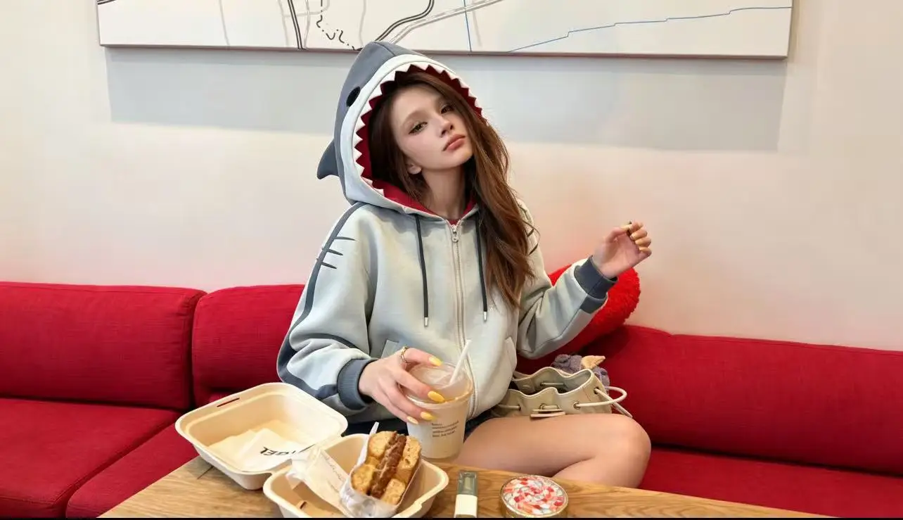 New Hip Hop Kawaii 3D Shark Zipper with Fin Hood Detachable Tail Bow Hoodie Cartoon Harajuku Women's Casual Hooded Jacket