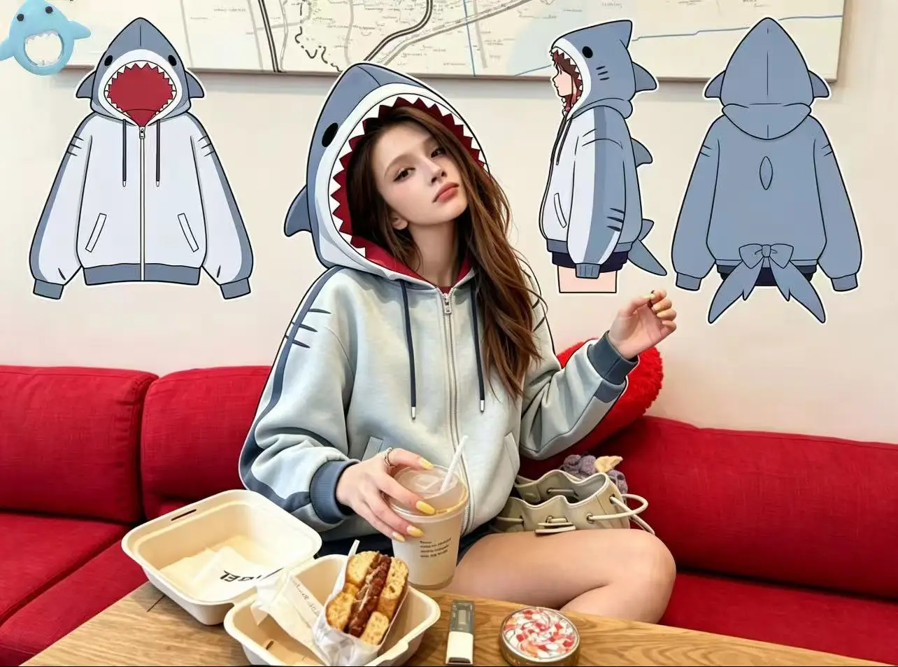 New Hip Hop Kawaii 3D Shark Zipper with Fin Hood Detachable Tail Bow Hoodie Cartoon Harajuku Women's Casual Hooded Jacket