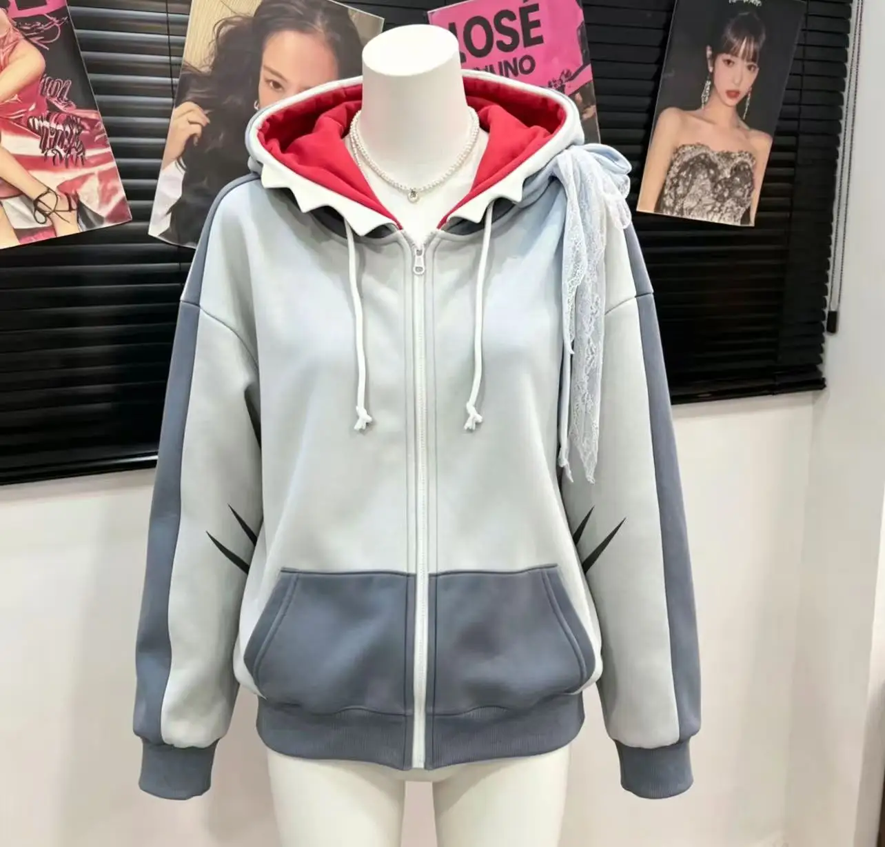 New Hip Hop Kawaii 3D Shark Zipper with Fin Hood Detachable Tail Bow Hoodie Cartoon Harajuku Women's Casual Hooded Jacket