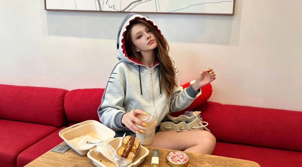 New Hip Hop Kawaii 3D Shark Zipper with Fin Hood Detachable Tail Bow Hoodie Cartoon Harajuku Women's Casual Hooded Jacket