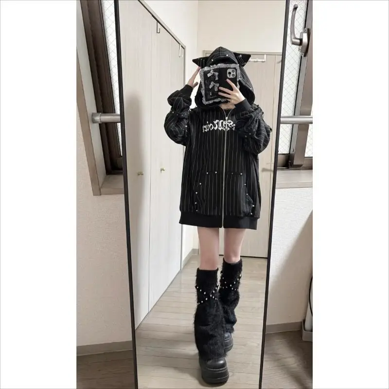 American Gothic Y2k Hoodies Jackets Women Vintage Zipper Striped Cat Ear Hooded Coats Subclture Rivet Print Fashion Sweatshirts