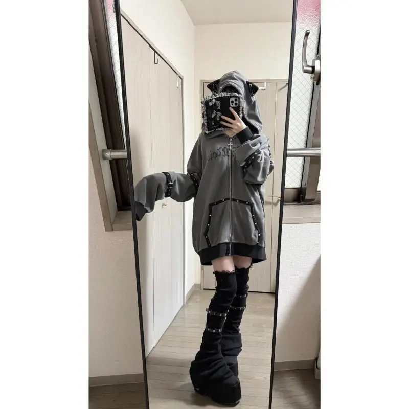 American Gothic Y2k Hoodies Jackets Women Vintage Zipper Striped Cat Ear Hooded Coats Subclture Rivet Print Fashion Sweatshirts
