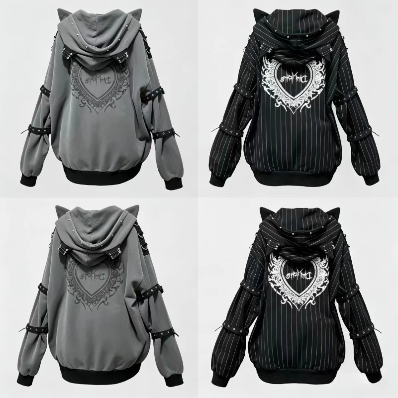 American Gothic Y2k Hoodies Jackets Women Vintage Zipper Striped Cat Ear Hooded Coats Subclture Rivet Print Fashion Sweatshirts