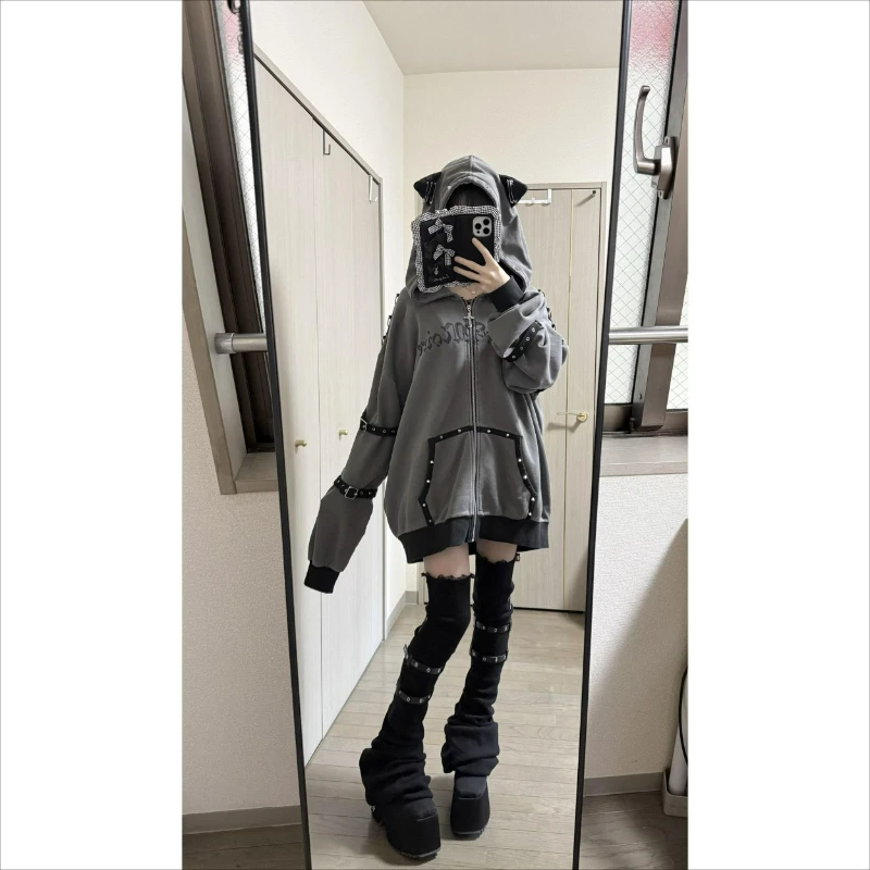 American Gothic Y2k Hoodies Jackets Women Vintage Zipper Striped Cat Ear Hooded Coats Subclture Rivet Print Fashion Sweatshirts