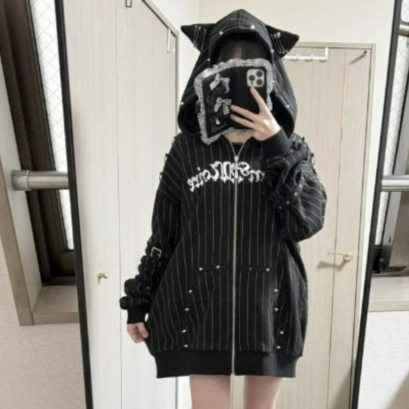 American Gothic Y2k Hoodies Jackets Women Vintage Zipper Striped Cat Ear Hooded Coats Subclture Rivet Print Fashion Sweatshirts