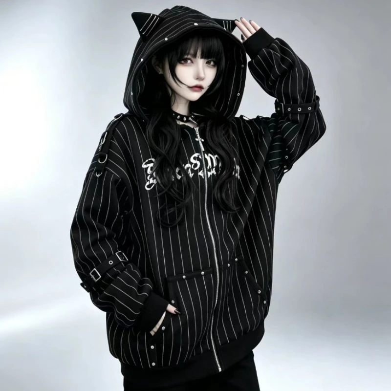 American Gothic Y2k Hoodies Jackets Women Vintage Zipper Striped Cat Ear Hooded Coats Subclture Rivet Print Fashion Sweatshirts