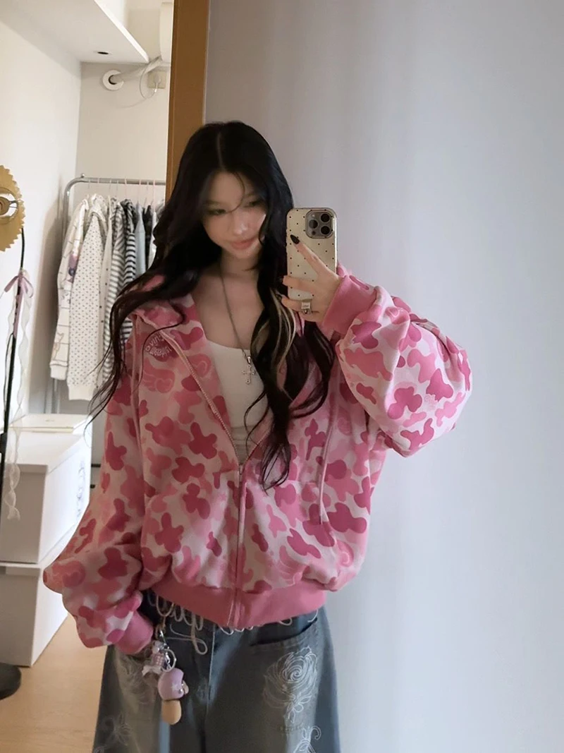 Pink Camouflage Hoodies Women Vintage Streetwear Hip Hop Loose Harajuku Sweatshirt Fall American Retro Casual Y2K Outwear Tops