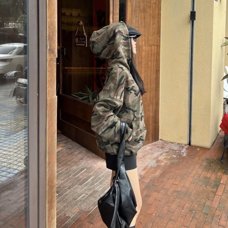 Streetwear Camouflage Casual Hoodies Harajuku Letter Embroidery Punk Jacket Women Y2k Aesthetic Pocket Casual Grunge Sweatshirts