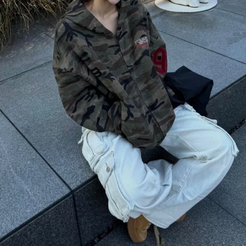 Streetwear Camouflage Casual Hoodies Harajuku Letter Embroidery Punk Jacket Women Y2k Aesthetic Pocket Casual Grunge Sweatshirts